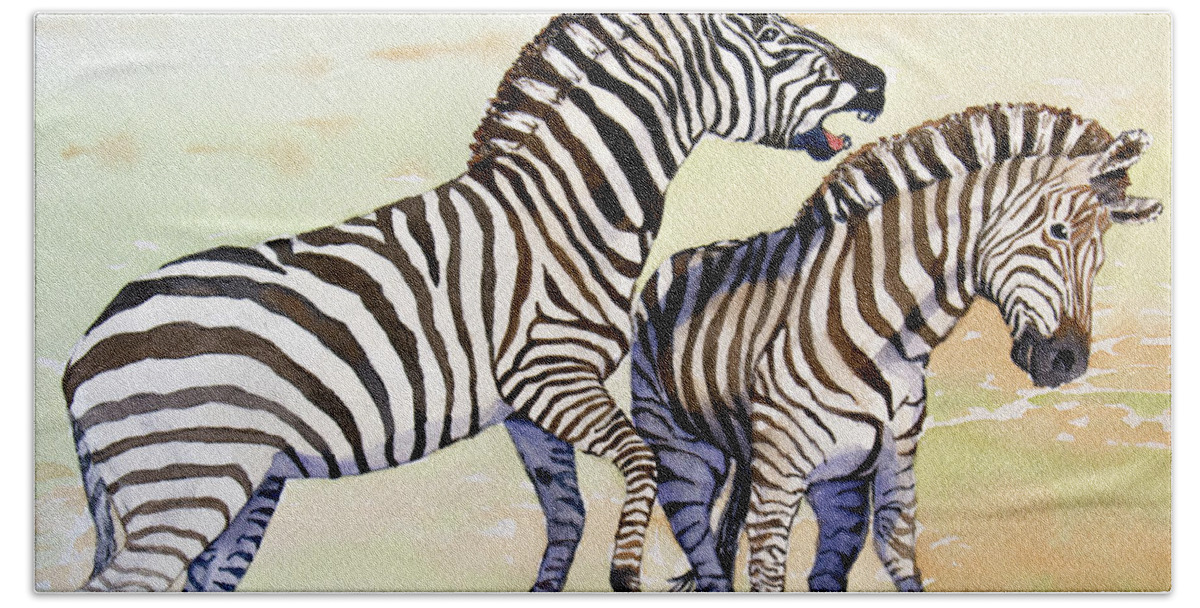 Zebra Bath Towel featuring the painting I Want My Space by Margaret Zabor