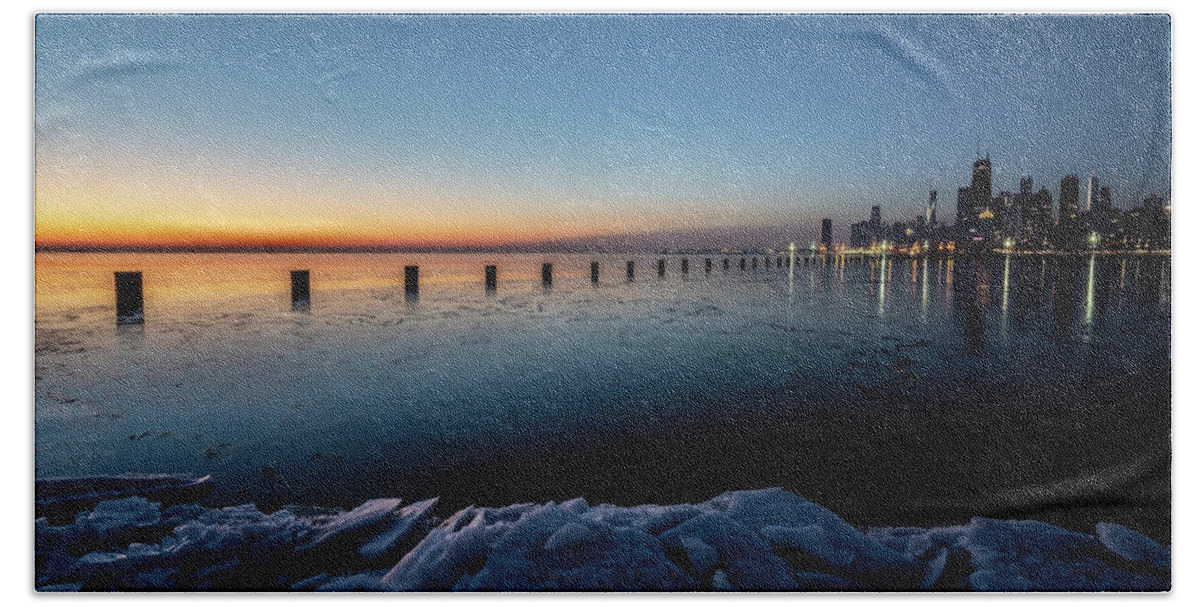 Ice Hand Towel featuring the photograph Icy Chicago Skyline at dawn by Sven Brogren
