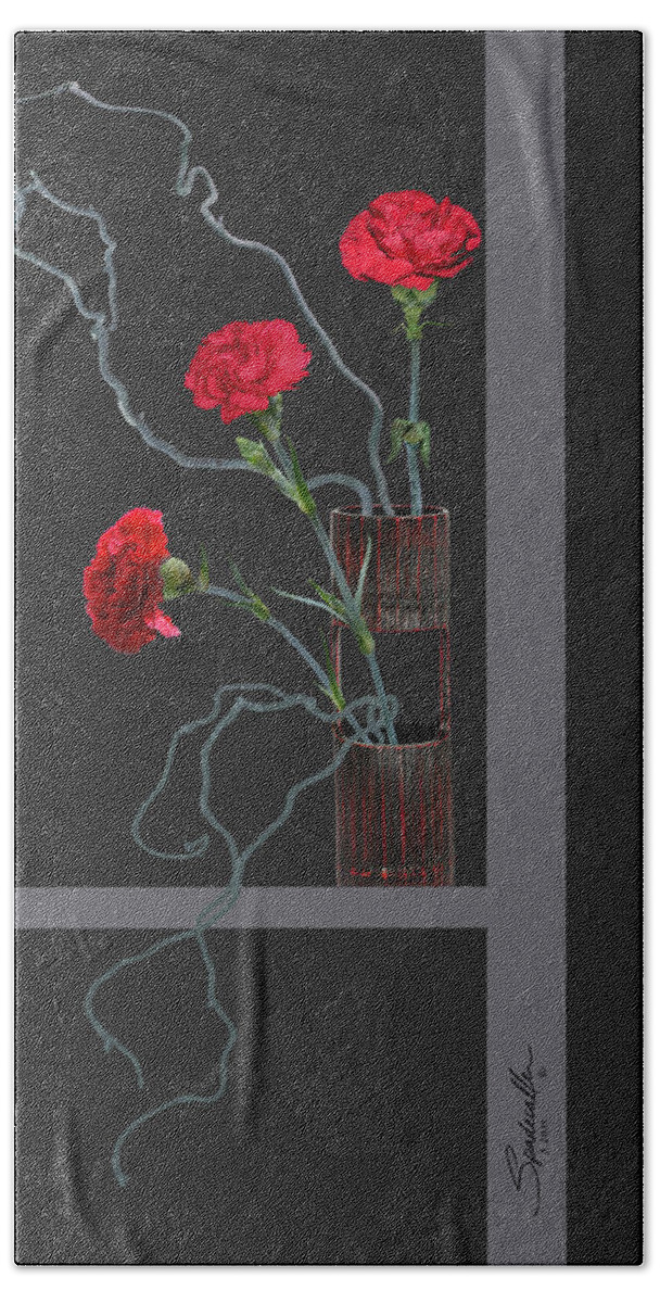 Carnation Hand Towel featuring the mixed media Red Carnations and Bamboo Vase by M Spadecaller