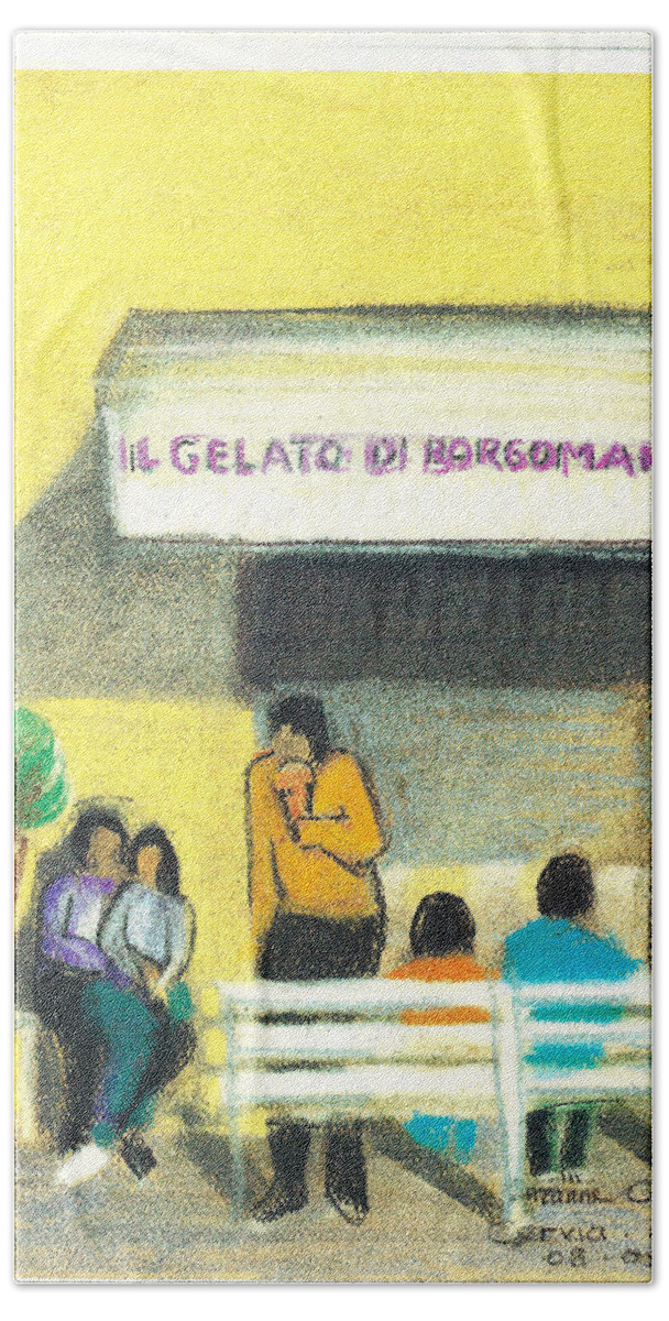 Yellow Bath Towel featuring the painting Il Gelato de Borgo Marina by Suzanne Giuriati Cerny
