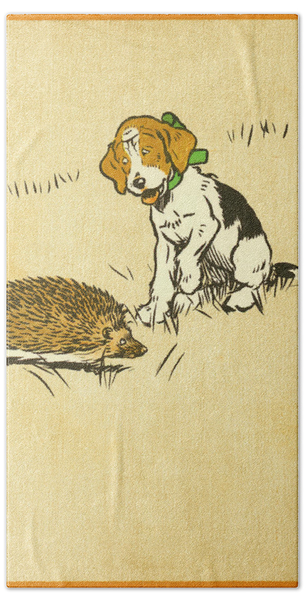 Book Illustration Bath Towel featuring the drawing Puppy and Hedgehog, illustration of by Cecil Aldin