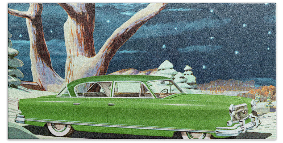 Auto Hand Towel featuring the drawing Illustration of green vintage car outdoors in winter by CSA Images