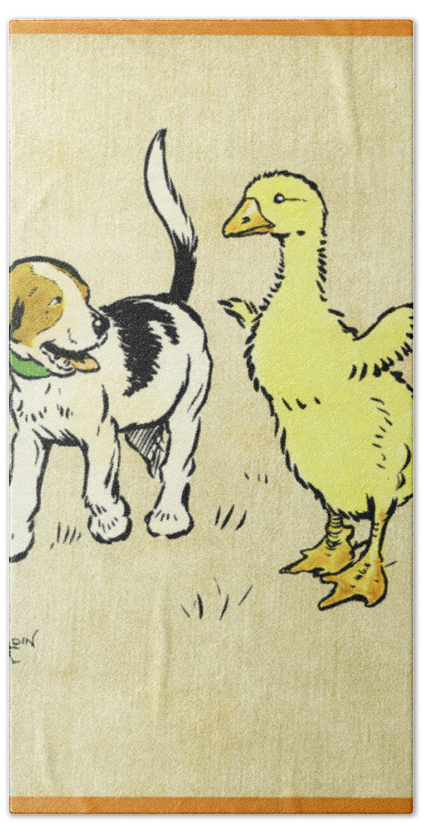 Puppy Bath Towel featuring the mixed media Illustration of puppy and gosling by Cecil Aldin