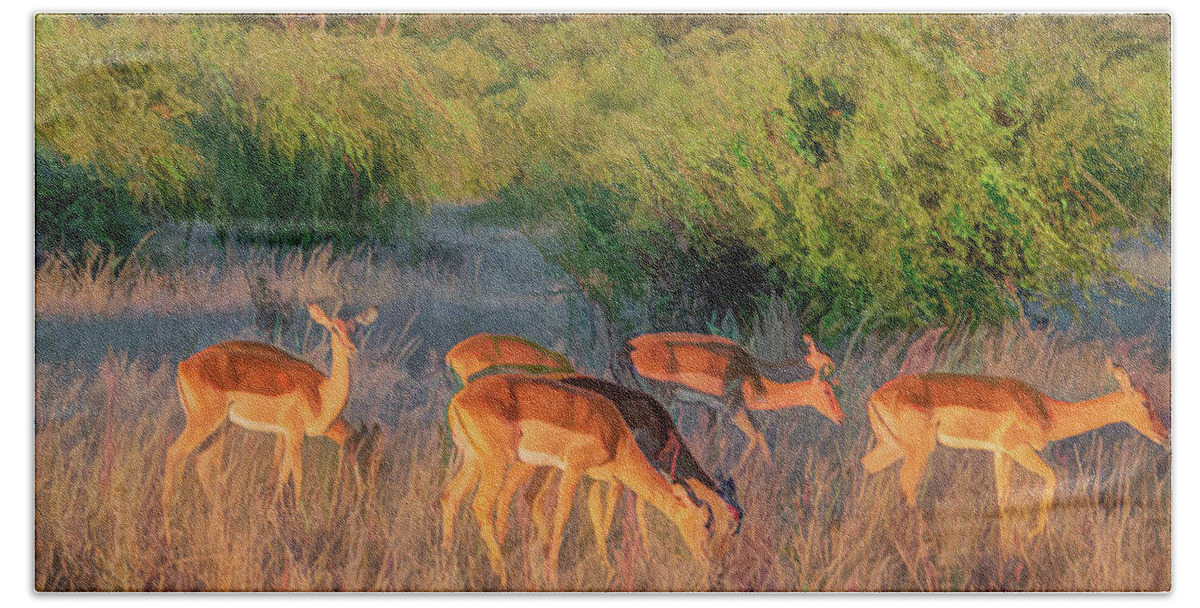 Impala Hand Towel featuring the photograph Impalas of Botswana, Painterly by Marcy Wielfaert