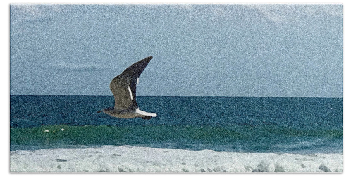 Seagull Hand Towel featuring the photograph In Flight by Tom Johnson