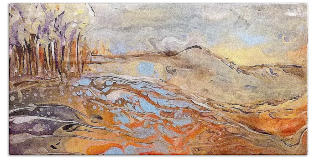 Embellished Acrylic Pour Hand Towel featuring the painting In The Valley by Deborah Nell