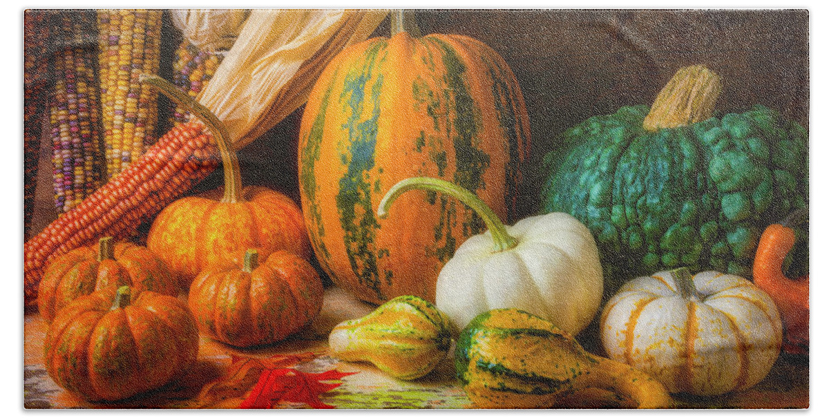 Beauty Bath Towel featuring the photograph Indian Corn, Pumpkins And Gourds by Garry Gay