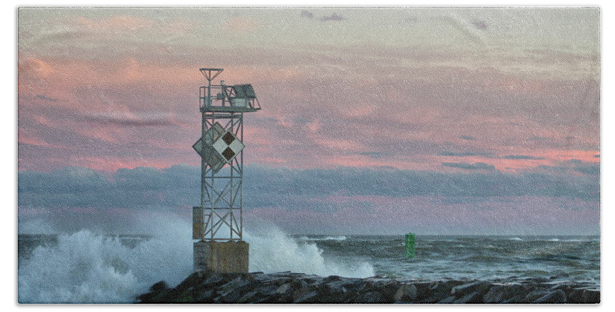 Inlet Hand Towel featuring the photograph Inlet Jetty Waves At Sunset by Robert Banach