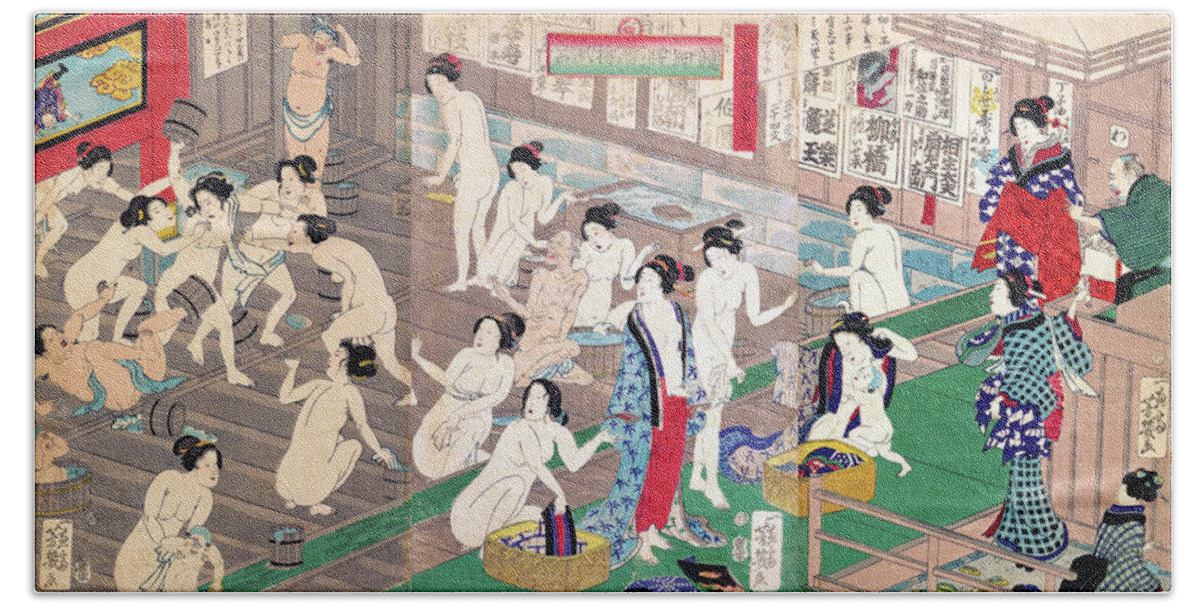 Japanese Hand Towel featuring the painting Interior of a Public Bath by Utagawa Yoshiiku