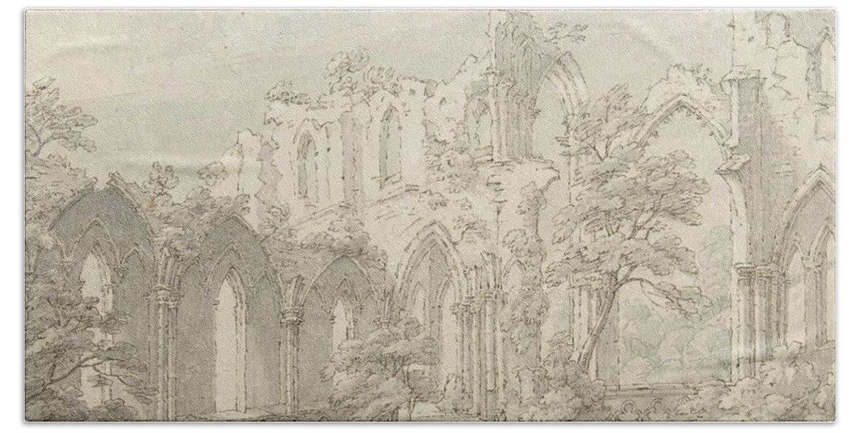 18th Century Art Bath Towel featuring the drawing Interior view of Fountains Abbey, Yorkshire by Thomas Sunderland