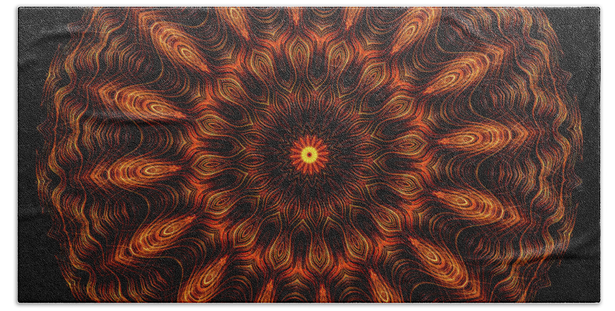 3 Dimensional Bath Towel featuring the digital art Intricate 13 orange, red and yellow mandala kaleidoscope by Amy Cicconi