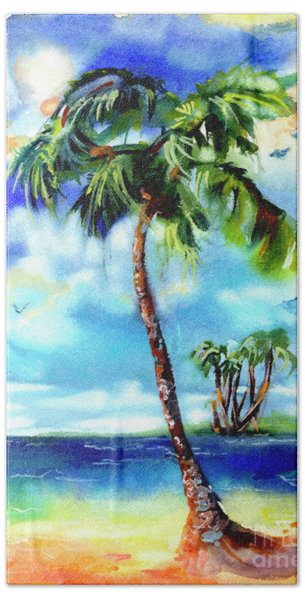 Island Paradise Bath Towel featuring the painting Island Solitude Palm Tree and Sunny Beach by Ginette Callaway