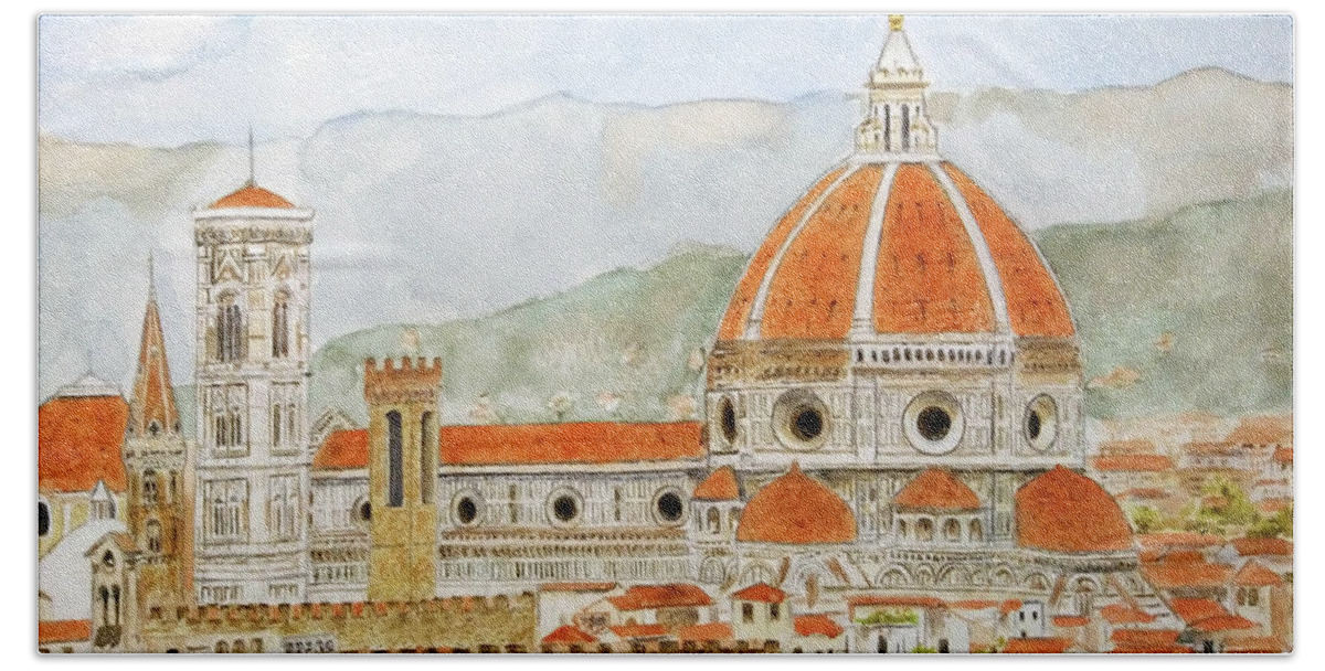 Italy Florence Cathedral Duomo Watercolor Painting Bath Towel featuring the painting Italy Florence Cathedral Duomo watercolor painting by Color Color