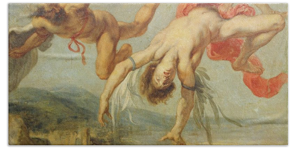 Daedalus Hand Towel featuring the painting Jacob Peter Gowy / 'The Fall of Icarus', 1636-1637, Oil on canvas, 195 x 180 cm, P01540. DAEDALUS. by Jacob Peter Gowy -c 1615-c 1661-