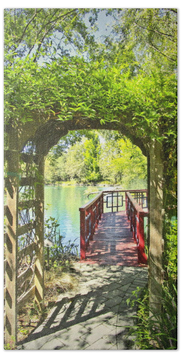 Archway Bath Sheet featuring the photograph Jade Lake Archway and Foot Bridge by Joyce Dickens