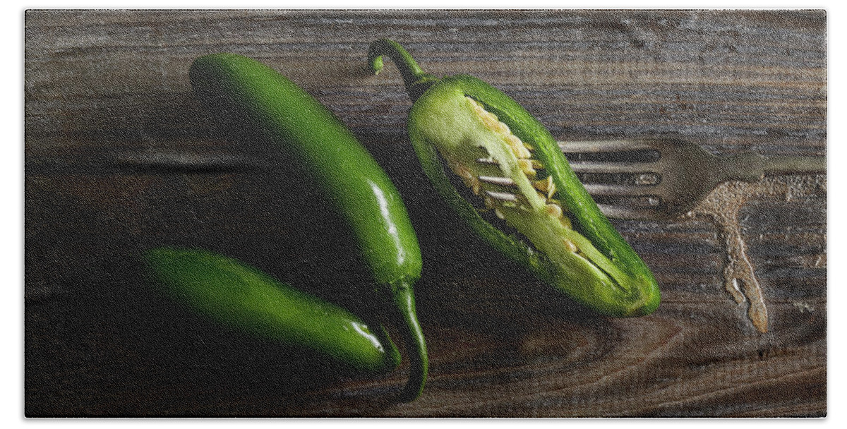 Fresh Bath Towel featuring the photograph Jalapenos on rustic background by Cuisine at Home