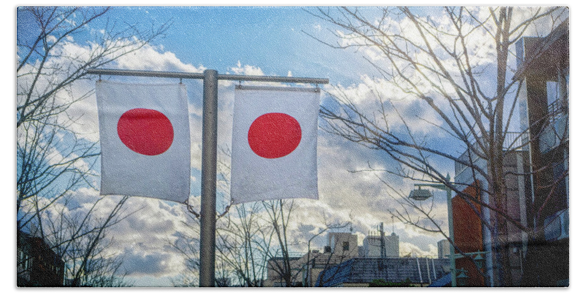 Buildings Hand Towel featuring the photograph Japanese Flag 1 by Bill Chizek