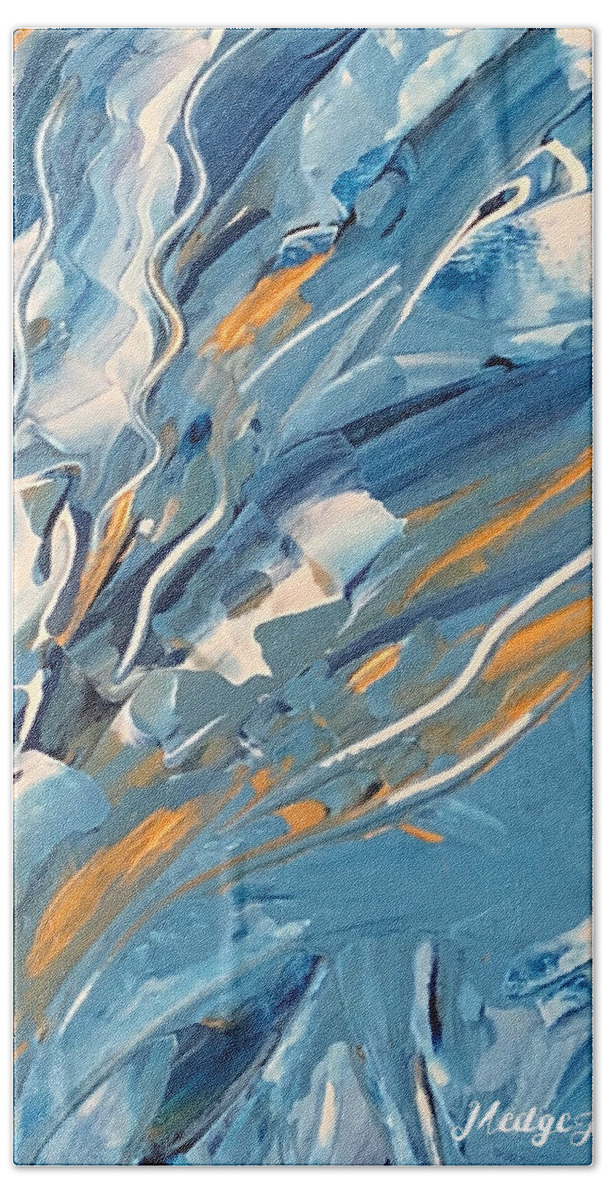 Garden Blue Gold Sea. Sky Bath Towel featuring the painting Jardin bleu by Medge Jaspan