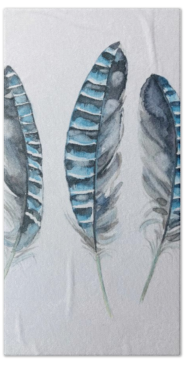 Feather Hand Towel featuring the painting Jay Feathers by Luisa Millicent