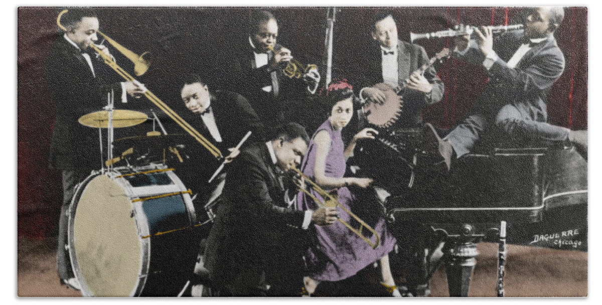Trumpeter Louis Armstrong With The King Oliver's Creole Jazzband In Chicago In 1923 With Baby Dodds Hand Towel featuring the photograph Jazz Band by American School