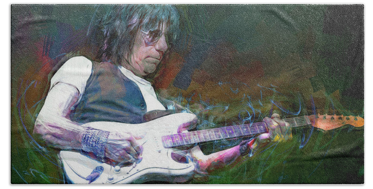 Jeff Beck Hand Towel featuring the mixed media Jeff Beck, guitarist by Mal Bray