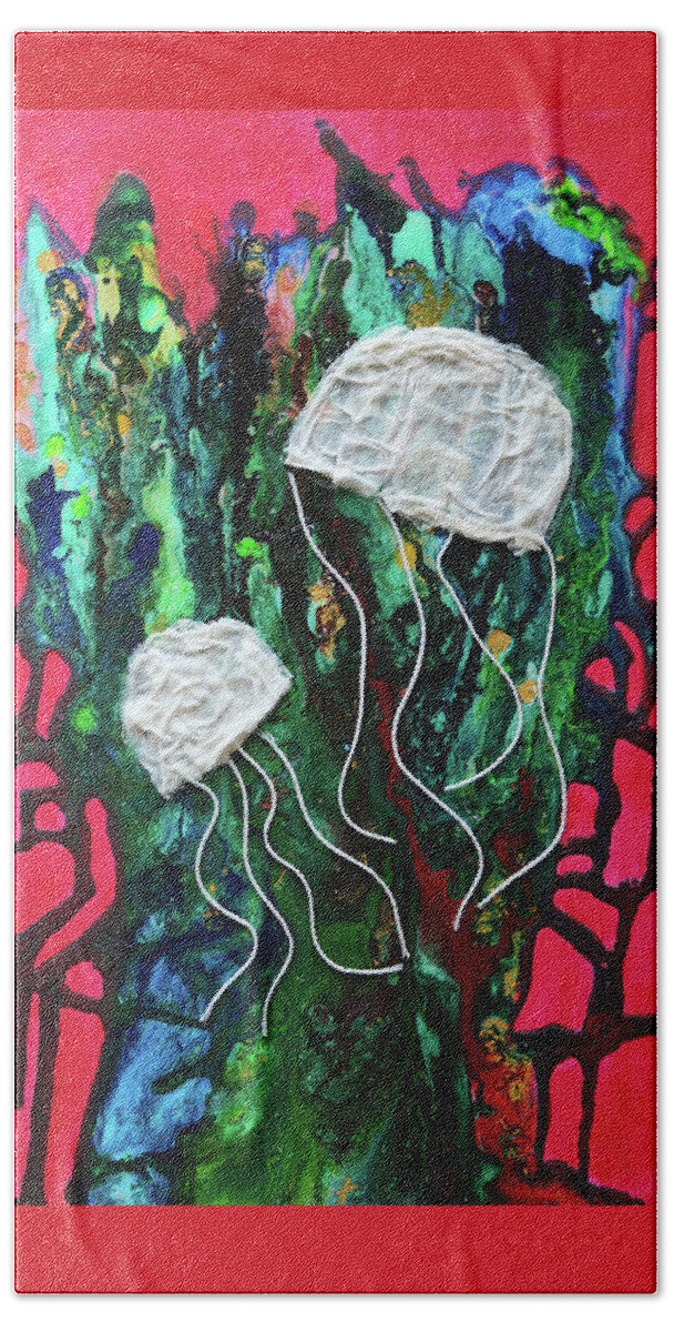 Jellyfish Bath Towel featuring the mixed media Jellyfish in a Sea of Coral by Deborah Boyd