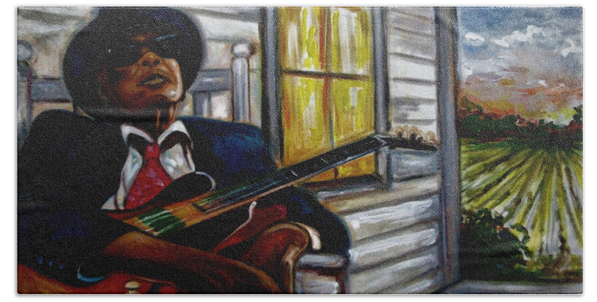 Black Music Bath Towel featuring the painting John Lee Hooker by Emery Franklin