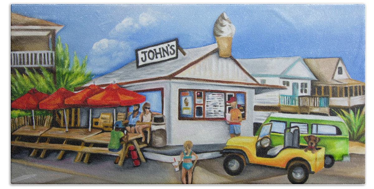 John's Drive In Hand Towel featuring the painting John's Drive In by Barbara Noel