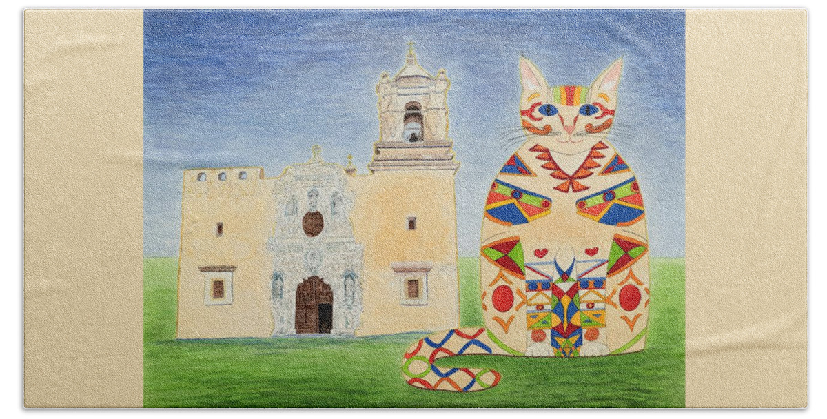 Mission Bath Towel featuring the painting Josephine, Mission San Jose Cat by Vera Smith