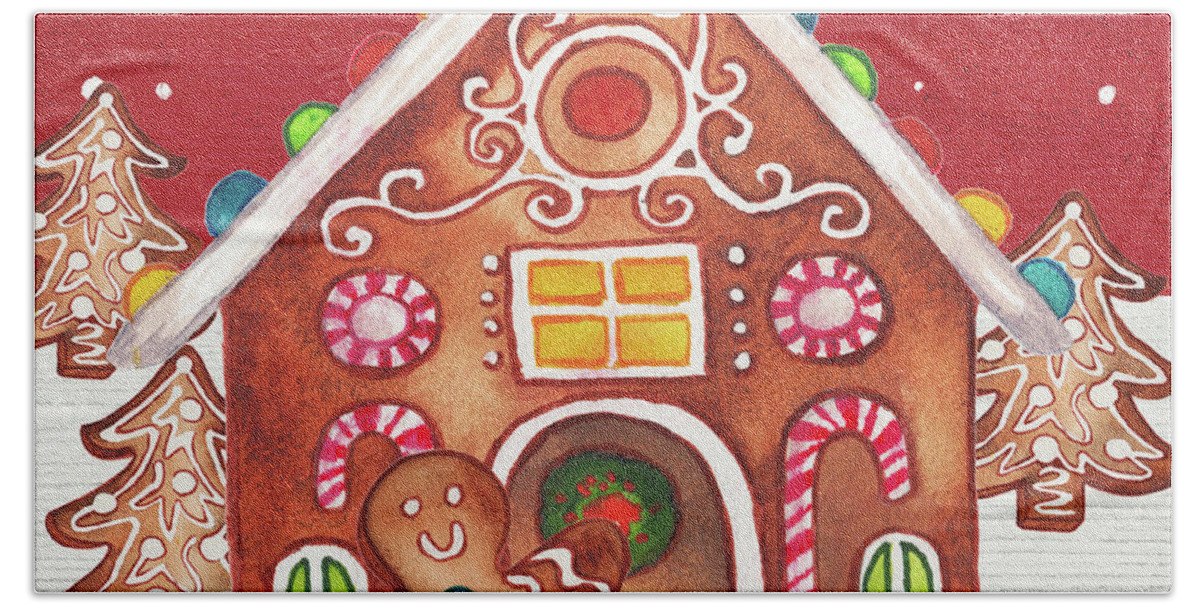 Gingerbread Hand Towel featuring the mixed media Joyful Gingerbread Village I by Elizabeth Medley