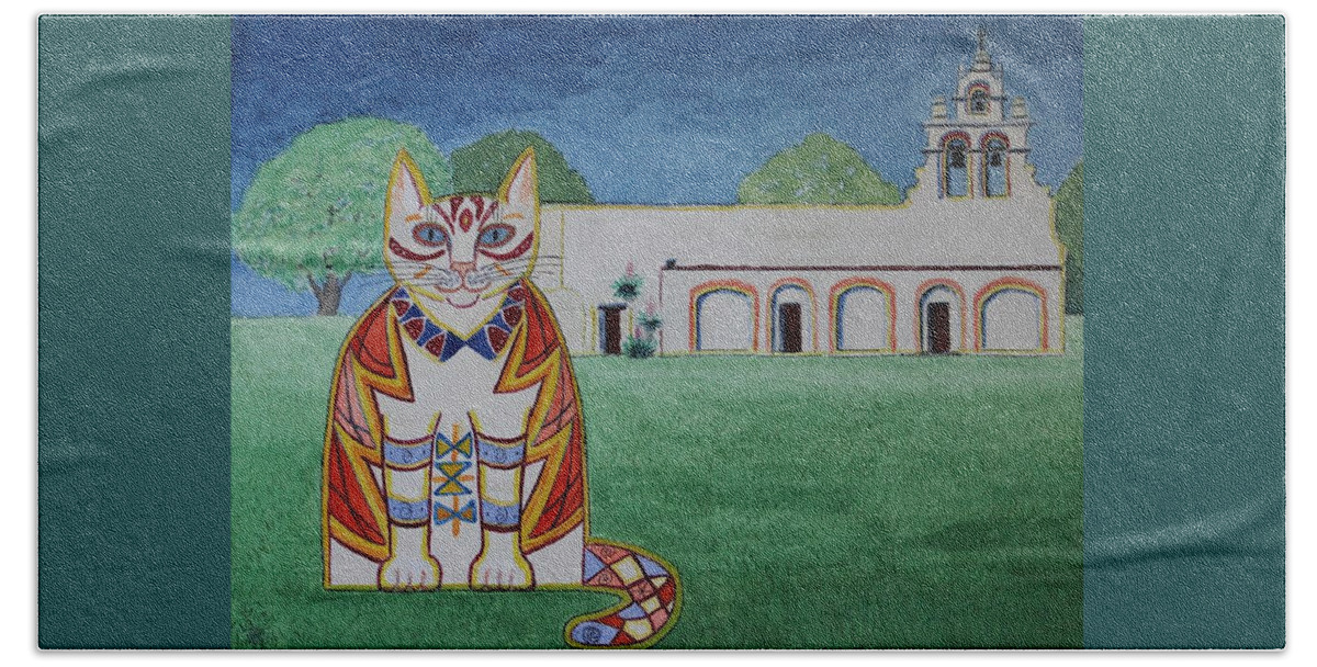 Storm Bath Towel featuring the painting Juanita, Mission San Juan Cat by Vera Smith