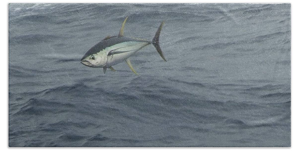Yellowfin Hand Towel featuring the photograph Jumping Yellowfin Tuna by Bradford Martin