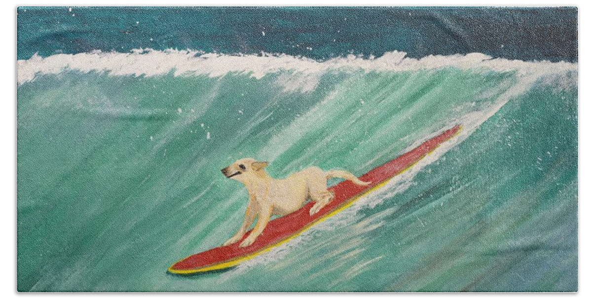Lab Surfing Bath Towel featuring the painting K9 Up by Elizabeth Mauldin