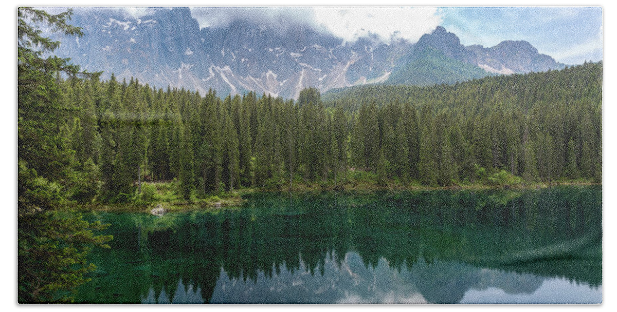 Nature Hand Towel featuring the photograph Karersee and Latemar by Andreas Levi
