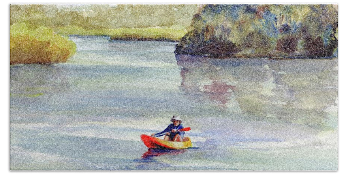 Kayaking Bath Towel featuring the painting Kayaking the Noosa River by Chris Hobel