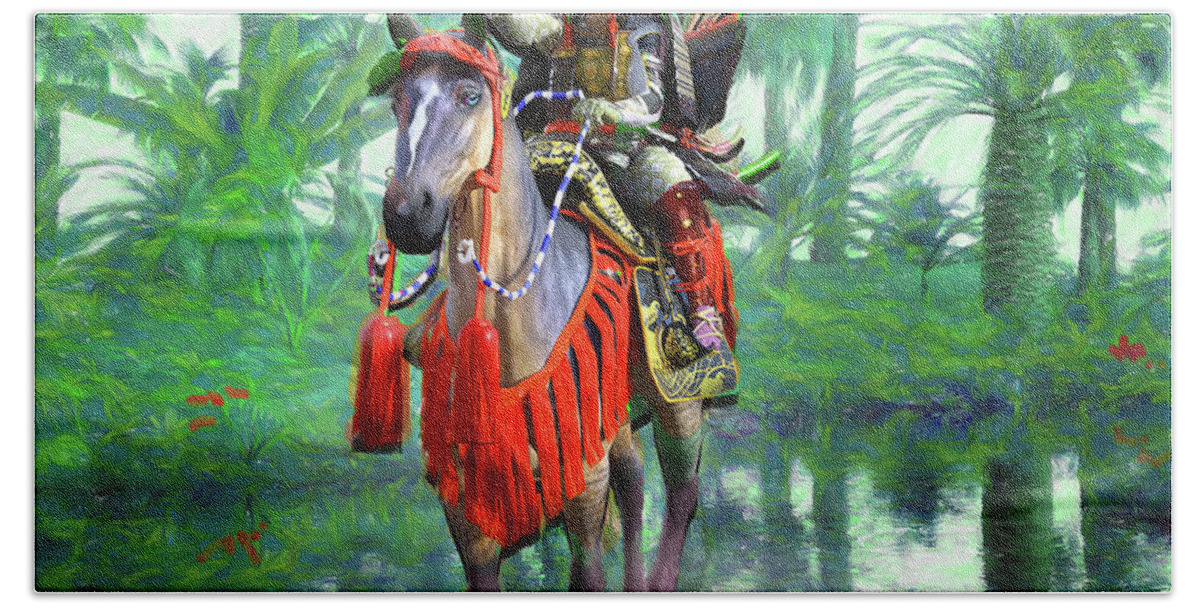 Mounted Warrior Bath Towel featuring the digital art Kibamusha by Michael Cleere