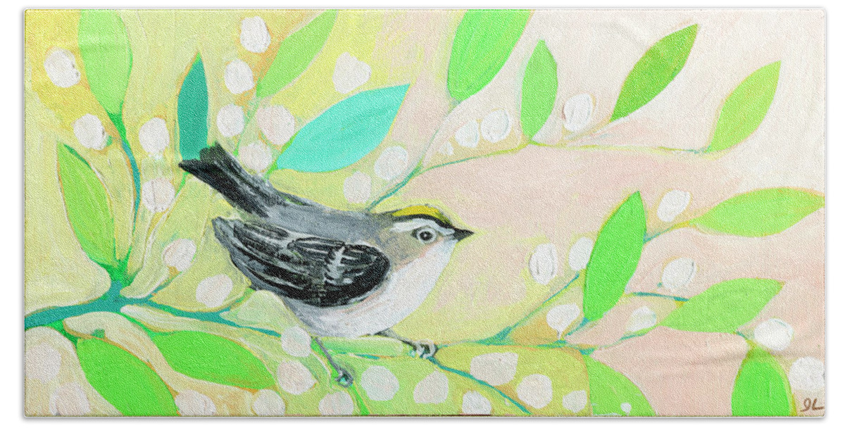 Bird Hand Towel featuring the painting King of Spring by Jennifer Lommers