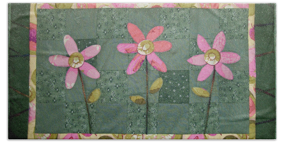 Art Quilt Hand Towel featuring the tapestry - textile Kiwi Flowers by Pam Geisel