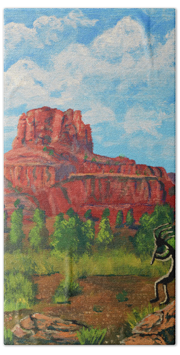 Kokopelli Hand Towel featuring the painting Kokopelli and Bell Rock, Sedona, Arizona by Chance Kafka