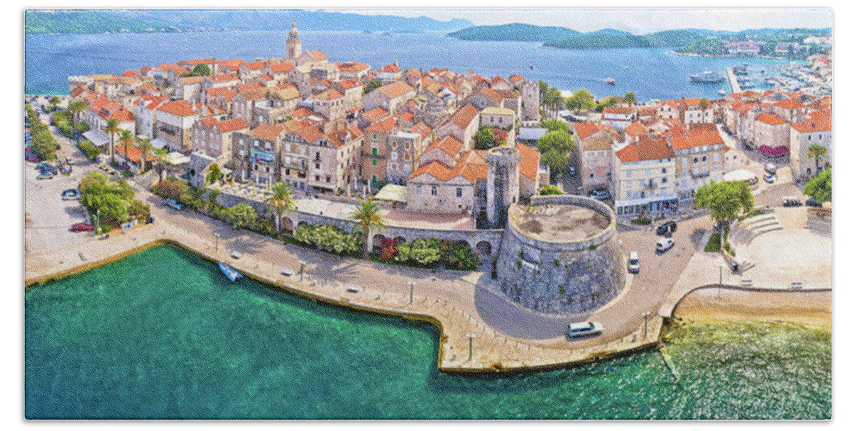 Korcula Bath Towel featuring the photograph Korcula. Historic town of Korcula aerial panoramic view by Brch Photography