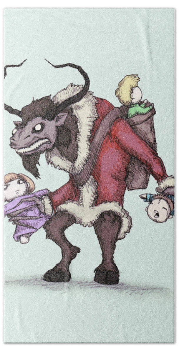Christmas Bath Sheet featuring the drawing Krampus Plush by Ludwig Van Bacon