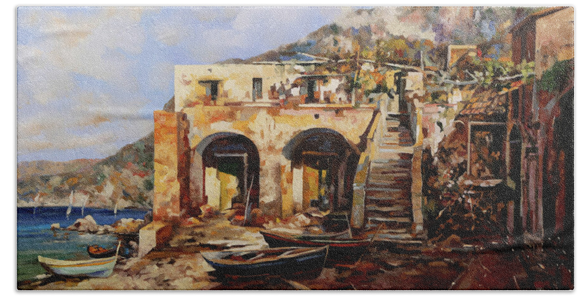Amalfi Coast Hand Towel featuring the painting La Casa Dei Veneziani by Guido Borelli