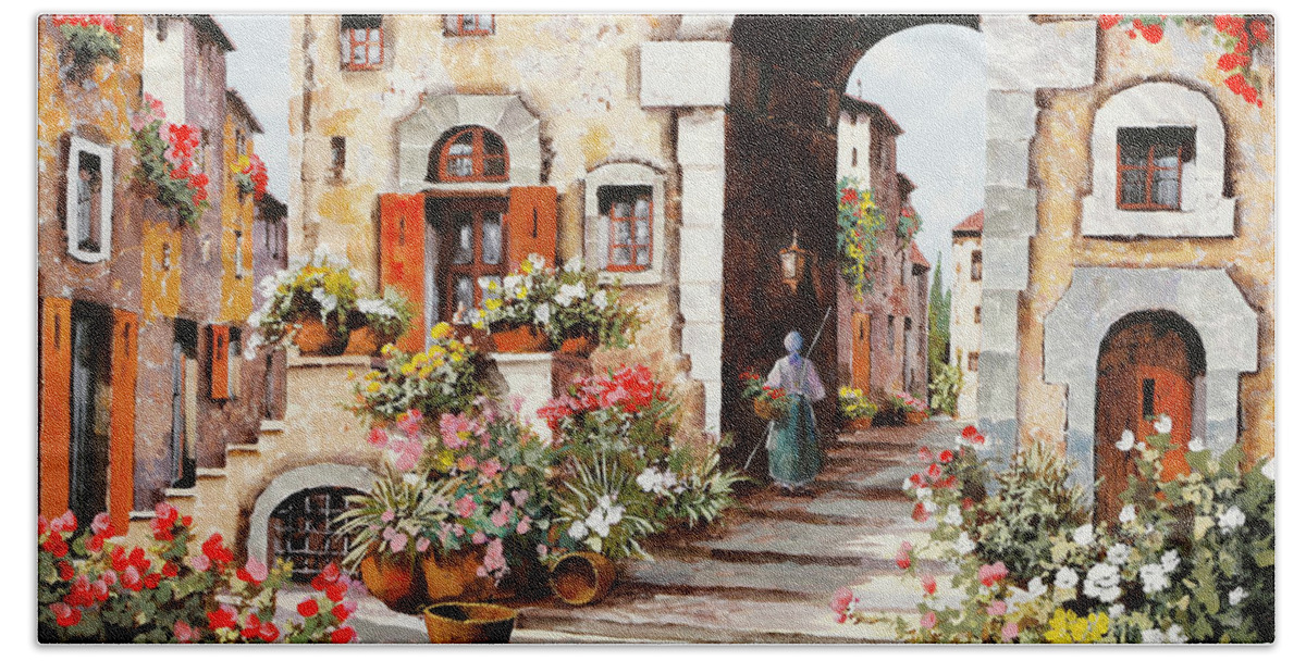 Embellished Bath Sheet featuring the painting La Donna Coi Fiori by Guido Borelli