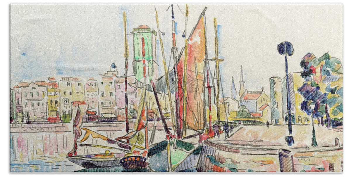 Harbor Bath Towel featuring the painting La Rochelle Boats and Houses by Paul Signac