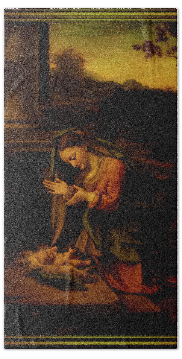 La Vergine Che Adora Il Bambino Bath Towel featuring the painting La Vergine Che Adora Il Bambino by Antonio da Correggio by Rolando Burbon