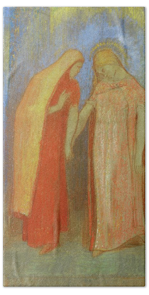 Odilon Redon Hand Towel featuring the painting La Visitation - Saint Mary visits Saint Elisabeth R.F. 35757. by Odilon Redon -1840-1916-