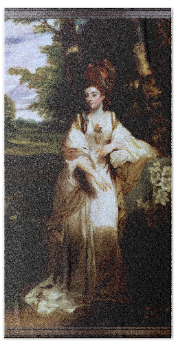 Lady Bampfylde Bath Towel featuring the painting Lady Bampfylde by Joshua Reynolds by Rolando Burbon