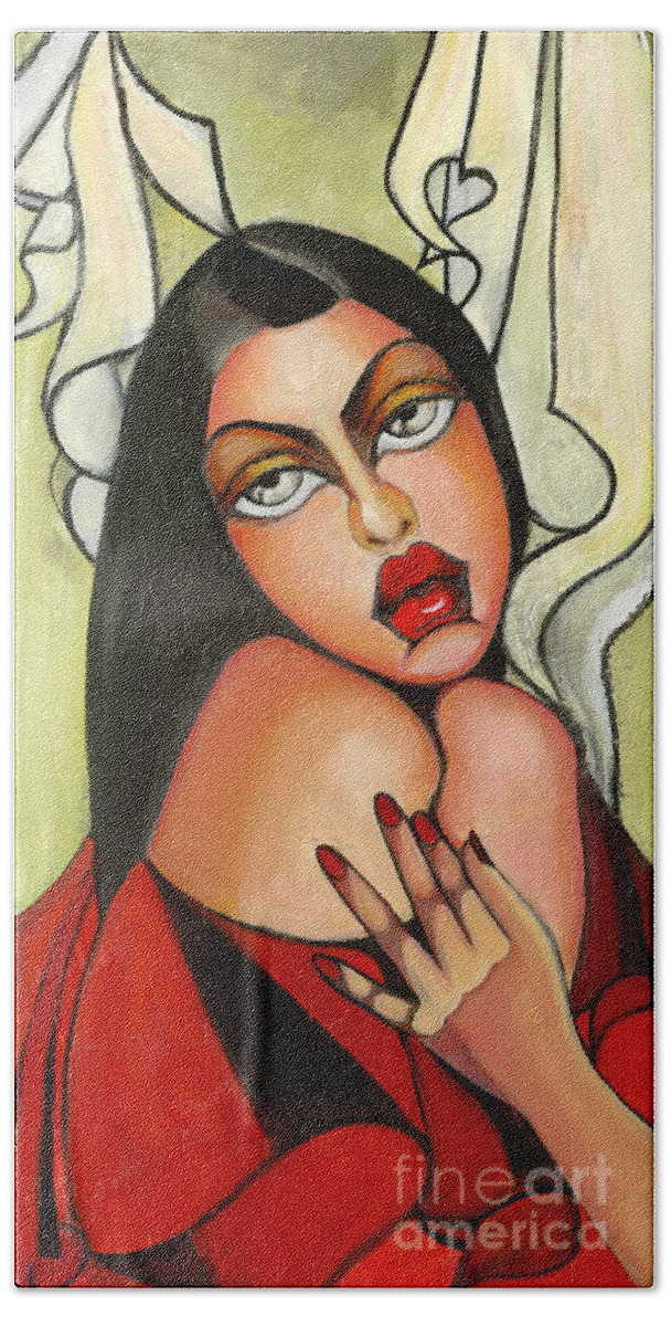 Woman Hand Towel featuring the painting Lady in red black hair by Luana Sacchetti