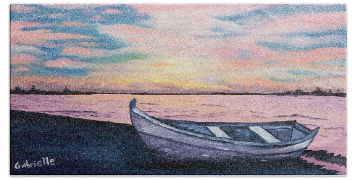 Lake Bath Towel featuring the painting Lake Boat by Gabrielle Munoz