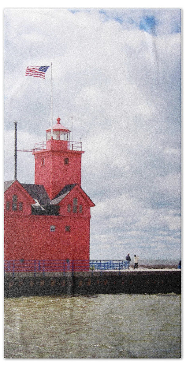 Light House Hand Towel featuring the photograph Lake Michigan Light House by Phil Perkins